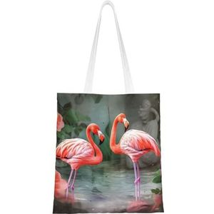 VTCTOASY Twee rode flamingo's print canvas draagtassen lichtgewicht schoudertas herbruikbare boodschappentas handtassen voor vrouwen mannen, zwart, één maat, Zwart, One Size