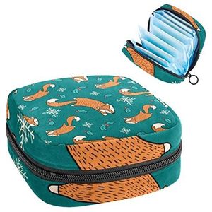 Periode Pouch Draagbare Tampon Opbergtas,Tampon Houder voor Portemonnee Vrouwelijke Product Organizer,Oranje Vossen Patroon Sneeuwvlokken, Meerkleurig, 4.7x6.6x6.6 in/12x17x17 cm