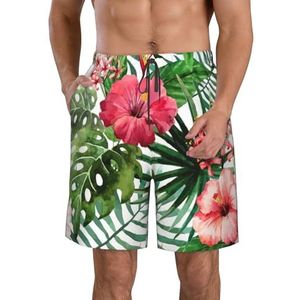 Groene Palmboom Bladeren Roze Print Heren Zwemplank Shorts Zwembroek Trunks Badmode Sneldrogende Surfen Strand Essentiële Zomer, Hibiscus Bloem, M