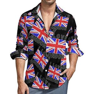 I Love London City overhemd voor heren, button-down shirt met lange mouwen en V-hals, casual tops met normale pasvorm
