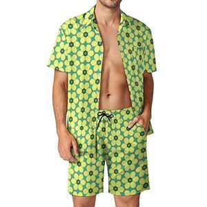 Geel madeliefjespatroon geometrische Hawaiiaanse bijpassende set voor heren, 2-delige outfits, overhemden en shorts met knopen voor strandvakantie