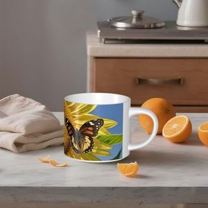 STVYUKL Keramische koffiemok 15 oz, grappige koffiemok met groot handvat vlinders op de zonnebloemen theekop geschenkbeker voor latte, cacao, koffiewit
