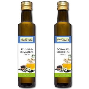 Mynatura Biologische zwarte komijnolie, 2 x 250 ml, koudgeperst, hoogwaardige vetzuren, veganistisch, spijsolie, verzorgingsolie, zwarte komijn, 250 ml fles (2 x 250 ml)