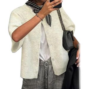 Women Knitted Crop Cardigan Shirt Short Sleeve Button Down Ribbed Knit Crop Top Y2k Girls Outwear Tops (Medium,White)