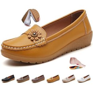 Vrouwen Orthopedische Lederen Loafers, Dames Mocassins Rijden Mocs Comfort Slip-On Mode Boot Schoenen Wedge Hakken Verpleging Schoenen, Geel, 33 EU