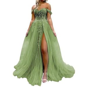 HPPEE Dames off-shoulder galajurken met split kant applicatie glitter tule formele jurk lange baljurk, Sage Groen, 32