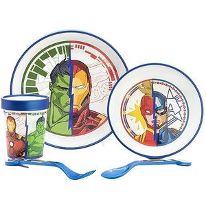 5-delig kinderservies met antislip bodem. Bord, kom, 260 ml glas en bestek. BPA-vrij | AVENGERS