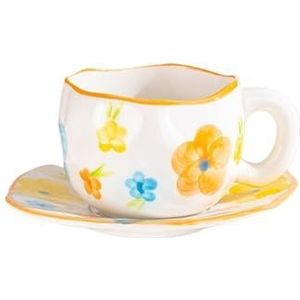 XPJYUA Set met kop en schotel, creatieve keramische mok, handgeschilderde bloem wolken koffiekop met schotel, onregelmatige handgemaakte kop, ontbijt, melk, theekopjes set (gele bloem)