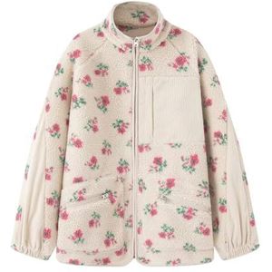 CakfLjkhl Dames gezellige fleece jas met bloemenprint, ritssluiting over de hele lengte, opstaande kraag, patchwork pluche cardigan jas,Wit,L