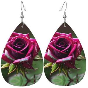 Dauw Rose Drop-vormige lederen oorbellen, damesmodeaccessoires,Valentijnsdag Essential, Eén maat, Leer Pu