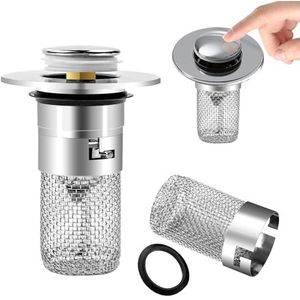 Afvoerstop met zeef, roestvrijstalen gootsteenafvoerzeef, afvoerzeef, wastafel, 34-40 mm, universele pop-up afvoerstop voor keukenspoelbak, afvoerfilter, sewer gootsteen, haarzeef-afvoerstop