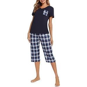 iClosam Damespyjama, zomer, katoen, pyjama, kort, 3/4 broek, geruit, V-hals, pyjama-set, dames, 2-delig, S-XXL - blauw - M