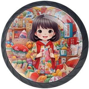 4 Stuks Glas 35mm Ladeknop, Japanse Cartoon Meisje Kast Knoppen Ladedeur Trekt Handgrepen voor Keuken Badkamer Thuis Kast Dressoir Meubels Woonkamer Garderobe Hardware