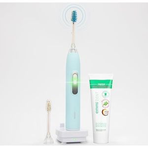 emmi-dent Metallic ultrasone tandenborstel met 96 miljoen trillingen in pastelblauw, elektrische tandenborstel zonder schrobben, zachte reiniging, starterset met opzetborstels en tandpasta