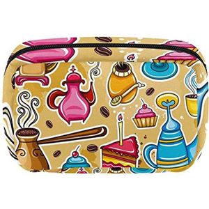 Vintage Cartoon Koffiebonen Cake Thee Cup Patroon Reizen Gepersonaliseerde Make-up Tas Cosmetische Tas Toilettas voor vrouwen en meisjes, Meerkleurig, 17.5x7x10.5cm/6.9x4.1x2.8in