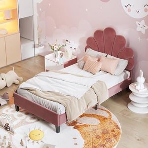 Aunvla Gestoffeerd bed kinderbed 90 x 200 cm, bedframe met hoofdeinde in bloemvorm en lattenbodem, tienermeisje bed in huidvriendelijke fluwelen stof, gastenbed (kleur: bonenrood)