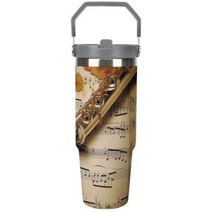 30 oz roestvrij staal geïsoleerde beker met klapdeksel en rietje, lekvrije reismok voor auto, fluit muziek dubbelwandige vacuüm thermische koffiekop met handvat, morsbestendig ontwerp voor warm/koude