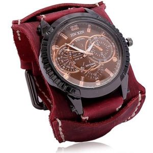 XQmarT Retro Heren Gebruikte Lederen Horloge Gepersonaliseerd Europese en Amerikaanse Brede Punk Lederen Armband Sieraden (Kleur: Rood)