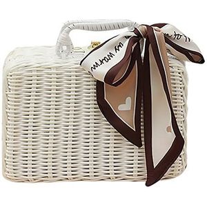 Fofetbfo Witte rieten koffer, PE-rotan kofferdoos met handvat en lintstrik, rustieke wilg geweven opbergdozen voor bruidsmeisje, bruiloft, feest, picknick