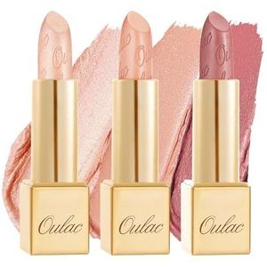 Oulac Nude Pink Metallic Glans-lippenstiftset, matte metallic afwerking, sterk gepigmenteerd en hydraterende formule, glad en korrelvrij, veganistisch, 3 stuks