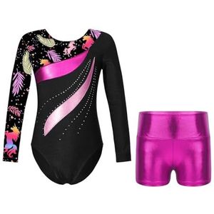 LYHYDMA Gymnastiekpak met lange mouwen, balletpak voor kinderen, trainingspak met shorts, danskleding, set voor meisjes, yoga, unitard, Bladeren Zwart, 8