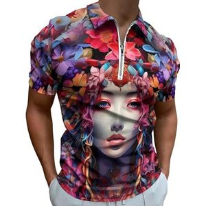 Psychedelische Japanse Geisha Patroon Half Zip Up Polo Shirts Voor Mannen Slim Fit Korte Mouw T-shirt Sneldrogende Golf Tops Tees L