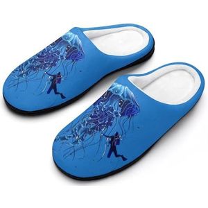 Mooie Jelly Fish met Scuba Diver damesslippers, casual huisschoenen, katoenen pantoffels binnenpantoffels met rubberen zool 9-10 (40-41)