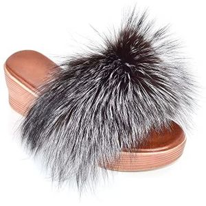 Finnraccoon Damessandalen met sleehak, echt bont, slippers, slippers, schoenen, vos, bont, slippers, finnraccoon, zilver, 41 EU