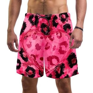 PAFEFO Roze harten luipaardprint heren boardshorts, sneldrogend strand zwemmen sportpakken met zakken, Roze Hartjes Luipaard Print, L