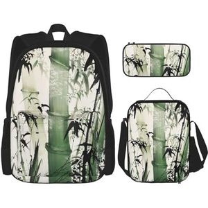 MDATT Chinese Schilderij Van Bamboe Rugzak Met Lunchbox Anime Rugzak Schooltas Boekentas Rugzak Set Voor Drie, Zwart, Eén maat, Schooltas Set