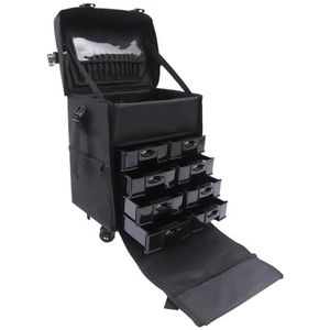 Cosmeticakoffer/trolley, 2-in-1, professionele make-upkoffer, make-upkoffer, nagelkoffer, beautycase, kapperbox met universele wielen en verbindingsgesp, zwart, zwart, moderniteit
