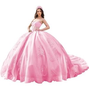 Fuomomo Quinceanera Prinsessenjurk met ruches en staart Quinceanera jurk van tule met parels schattige jurk 16 MT052, Roze, 44