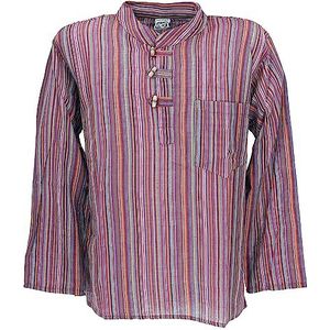 GURU SHOP Nepal Vissershemd, gestreept Goa hippiehemd, yogahemd, heren, katoen, overhemden, alternatieve kleding, paars/bont, S