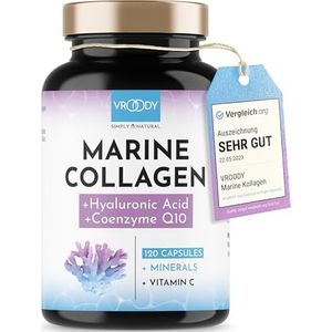 Premium marine collageen combo 1000mg + Q10, hyaluronzuur, koper, mangaan, vitamine C, zink & biotine dragen bij tot het behoud van een normale huid & haar; Gemaakt in Oostenrijk door VROODY