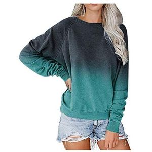 WOZOW Casual sweatshirt met lange mouwen in contrasterende kleur voor dames, T-shirt met kleurverloop, top, ronde hals, schoudervrij, sexy, grote maat, herfst, Groen, XXL
