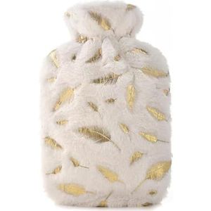 Warmwaterkruik, grote warmwaterzak met deksel, 2 liter, Fashy warmwaterkruik met een pluche hoes van verenpatronen, warmkompres voor pijnverlichting, voor menstruatie, gewrichtspijn, handen en voeten