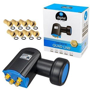 HB-DIGITAL Quad LNB LNC 4 deelnemers Direct Full HD TV 3D 4K DVB-S DVB-S2 SAT kop Zwart + contacten verguld + bescherming tegen weersinvloeden (uitbreidbaar) + 8x F-pluggen verguld