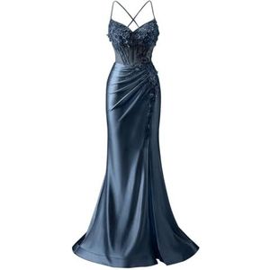 Satijnen Galajurken voor Vrouwen Zeemeermin Formele Avondbaljurken met spleet Ceremonie Jurken Plus Size, marineblauw, 32