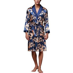 Dolamen Ochtendjas voor heren, badjas, kimono, zacht en licht, glad, luxe satijnen nachtkleding, badjas, negligé, losse pyjama met riem en zakken, blauw, XL