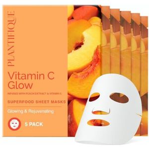 PLANTIFIQUE Gezichtsmasker Vitamine C Glow 5-pack – Verjongende en stralende gezichtsmaskers met perzik en vitamine C – Koreaanse huidverzorging voor een doffe huid