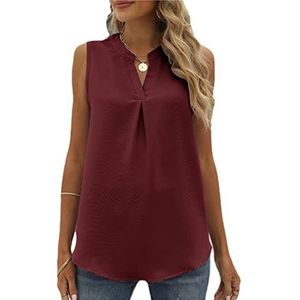 2023 Vrouwen Lente Zomer Effen Chiffon Shirt Losse V-hals Trui Eenvoudige Stijl Mouwloze Tops Tank Top Dames Casual Losse Tops, Bordeaux, XL