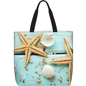 LAMAME Zeester Shell Blauw Hout op Strand Landschap gedrukt Grote capaciteit boodschappentas Tote tas Mode handtas Tote opbergtas, Zeester Shell Blauw Hout op het strand Landschap, Eén maat