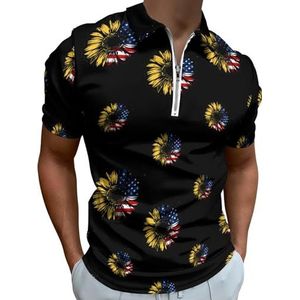 USA Vlag Zonnebloem Half Zip-up Polo Shirts Voor Mannen Slim Fit Korte Mouw T-shirt Sneldrogende Golf Tops Tees 4XL