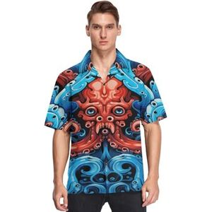 Cartoon Octopus Abstract Blauw Shirts voor Mannen Korte Mouw Button Down Hawaiiaanse Shirt voor Zomer Strand, Patroon, L