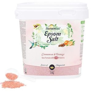 Nortembio Epsomzout 100% Geur Kaneel & Sinaasappel 3 kg – Natuurlijke Bron van Magnesium | Met Hydraterende Vitamine C en E | Voor Ontspanningsbaden, Spa en Huidverzorging + Gratis E-Book