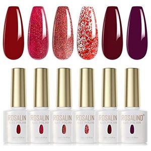 ROSALIND UV Nagellak 6 Kleuren Rood Wijnrood Donkerpaars Glitter Rood Set Kleur Gel voor Gelnagels Soak Off UV LED Gel Nagellak Voor Lamp Set Valentijnsdag