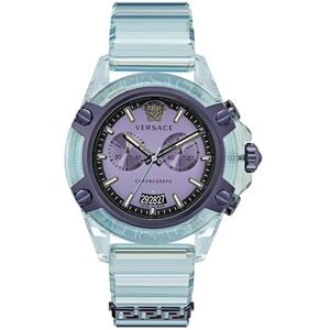 Versace Icon Active Collection Luxe Mens horloge uurwerk met een blauwe band met een transparante blauwe kast en paarse wijzerplaat, Transparant Blauw, OS, Versace | Actief pictogram