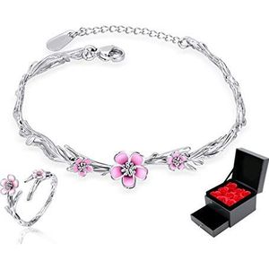 Armbanden voor Vrouwen Vrouwen 925 Sterling Zilveren Armband Roze Sakura Sieraden Collectie Lucky Ring Verstelbare Sieraden Geschenken (Rose Geschenkdoos) Armband Sieraden (Kleur: Grijs)