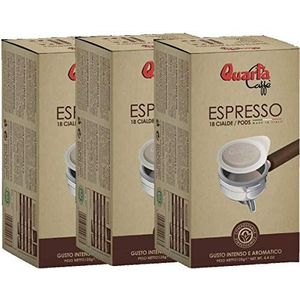QUARTA KOFFIE PODS voor eenmalig gebruik. 3 verpakkingen van 18 stuks. INTENSE EN AROMATISCHE SMAAK Fijne melange van koffie verwerkt in Salento, Apulië, Italië