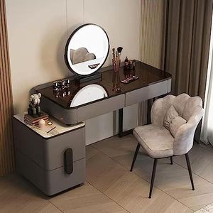 360° roterende spiegel make-up tafel, gedempte kruk voor slaapkamer make-up ijdelheid, ijdelheid set tafel met gehard glas tafelblad en lade-opslag, modern ijdelheid bureau (kleur: